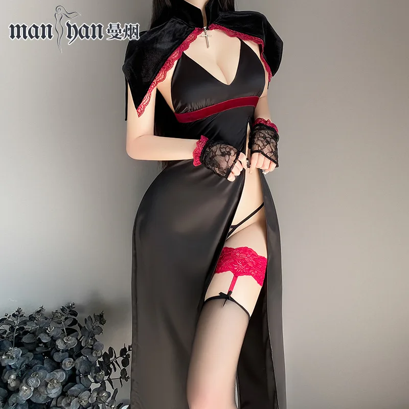 Ropa interior Sexy Original, juego de rol con abertura de cintura alta, uniforme Cheongsam de bruja oscura, conjunto de seducción