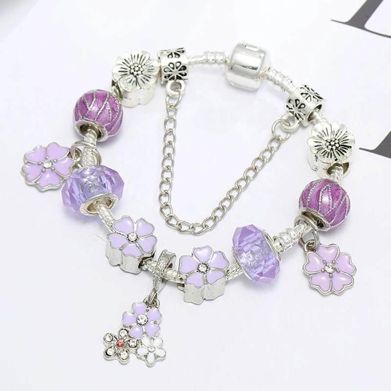 Boosbiy Purple Flower Beads With Pendant Snake Chain DIY Brand Charm Bracelet For Women Jewelry Gift New Desgin