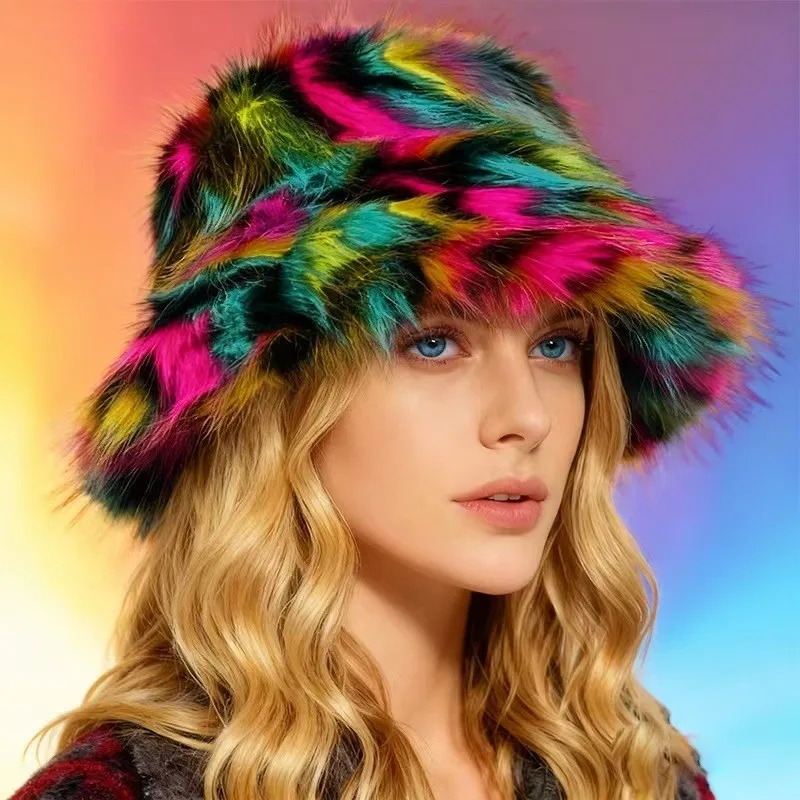 

Colorful fur basin hat fisherman's fashionable and warm round for ladies