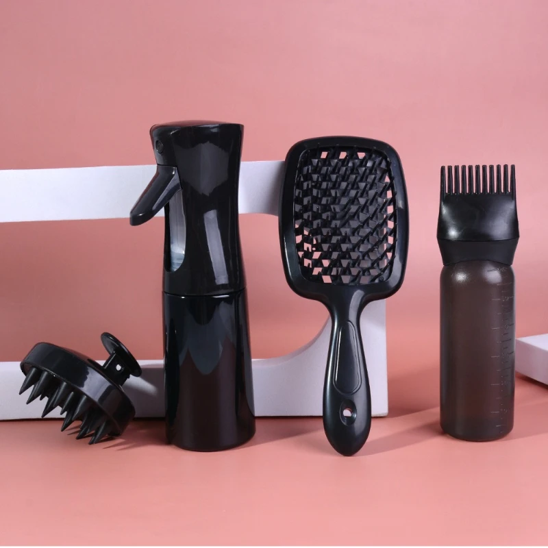 4pcs Set Scalp Massage Comb Black Hollow Out Comb Shampoo Massage Brush Bath Hair Washing Spray Bottle Salon Hairdressing Tools