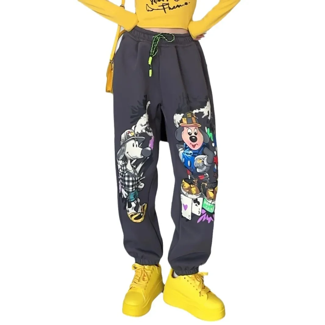 Fashion Tied Casual Pants Cool Girl Hip Hop American Retro Cartoon Pattern Sweatpants Cargo Pants Women Korean Fashion