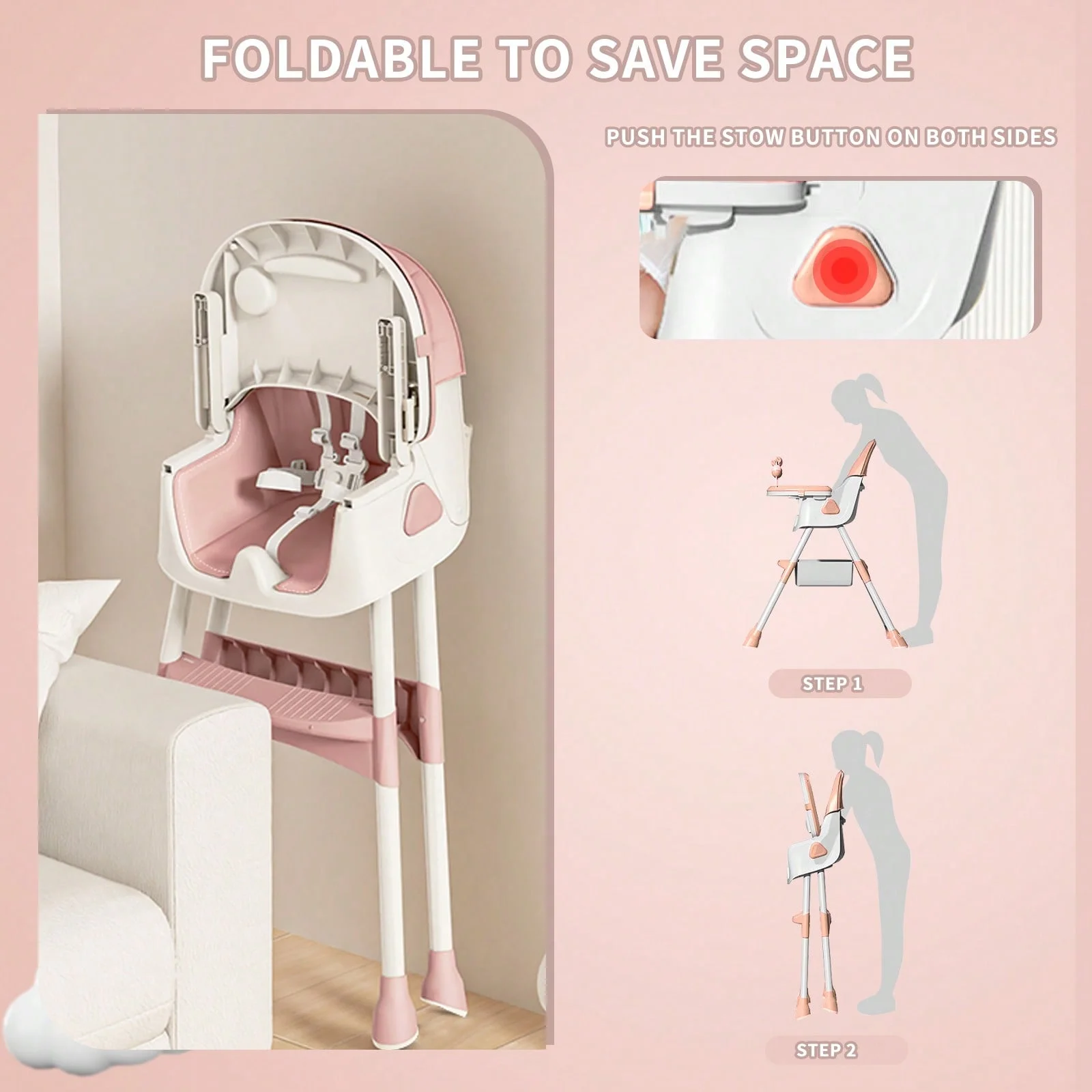 3-In-1 Baby High Chair Foldable Portable Dining Chairs Eat & Play Convertible With FivePoint Snap Button,DoubleLayer Dinner Plate And Toy Rack