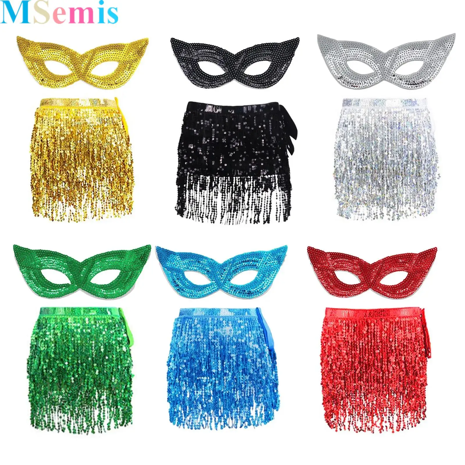 

2 Pieces Women Sequin Belly Dance Costumes Set Tassel Belly-dance Waist Chain And Sequin Mask for Masquerade Party