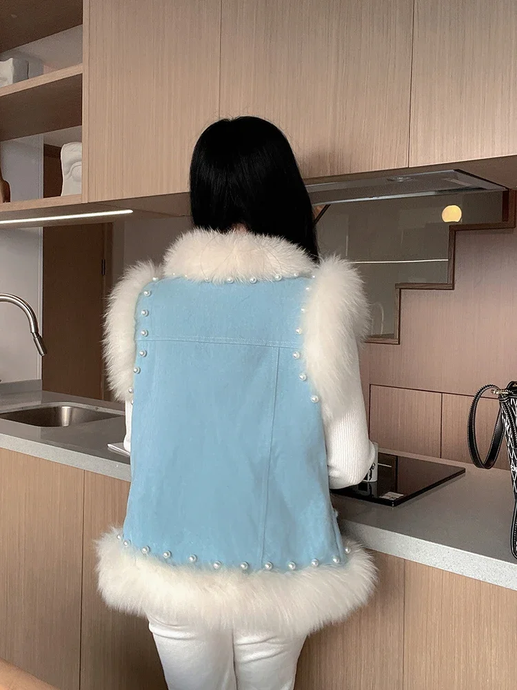 Autumn and Winter Fur Vest Female Young Short Beaded Coat 2023 Real Fox Raccoon Hair Fur Thick Warm Fluffy Jacket Womens Clothes