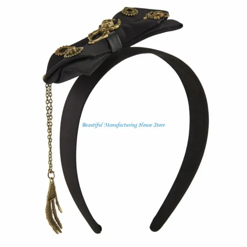 E56A Halloween Hair Bows Steampunk Headband For Women Day Of The Dead Headband Gothic Headband Black Bows Headband Skull Hand