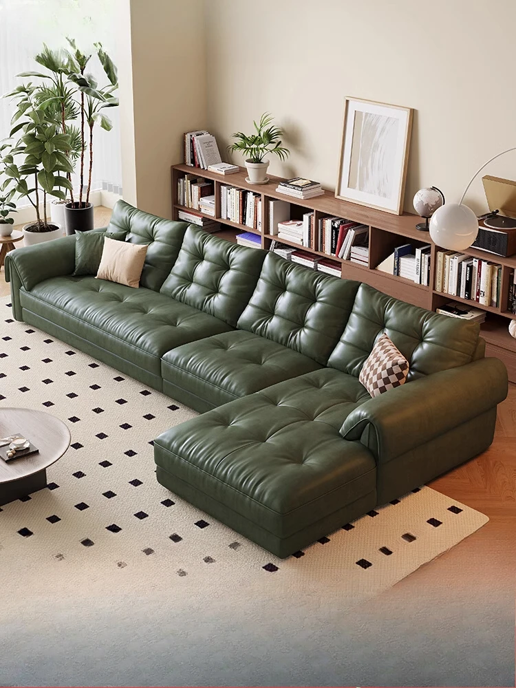 Retro oil wax leather sofa, medieval style living room new high backrest concubine seat green leather sofa