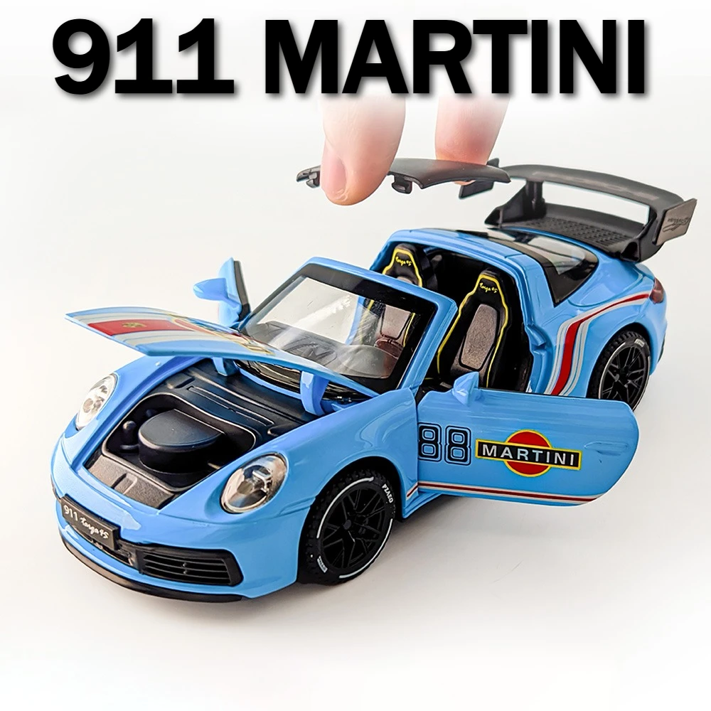 

1:32 911 Martini Gt3 Sports Car Model Toy Alloy Body Rubber Tires Sound Light Doors Opened Super Cars Models Home Decorations