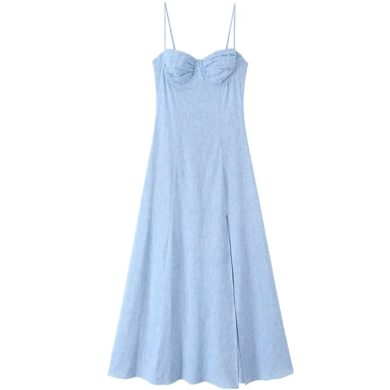 ชุดเดรสผ้าลินินผสมเอวสูงสไตล์ลำลองสำหรับผู้หญิงรุ่นใหม่ประจำฤดูร้อน  ไม่มีแขน  ใส่สบาย