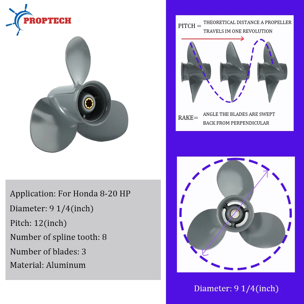 Boat Propeller 9 1/4x12 For Honda 8HP 9.9HP 15HP 20HP Outboard Motor Aluminum Screw 8 Spline Marine Engine Part 58130-ZV4-012AH