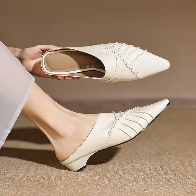 NEW Summer Women Mules Genuine Leather Shoes for Women Pointed Toe Low Heel Shoes Cover Toe Slingback Sandals Pleated Slippers