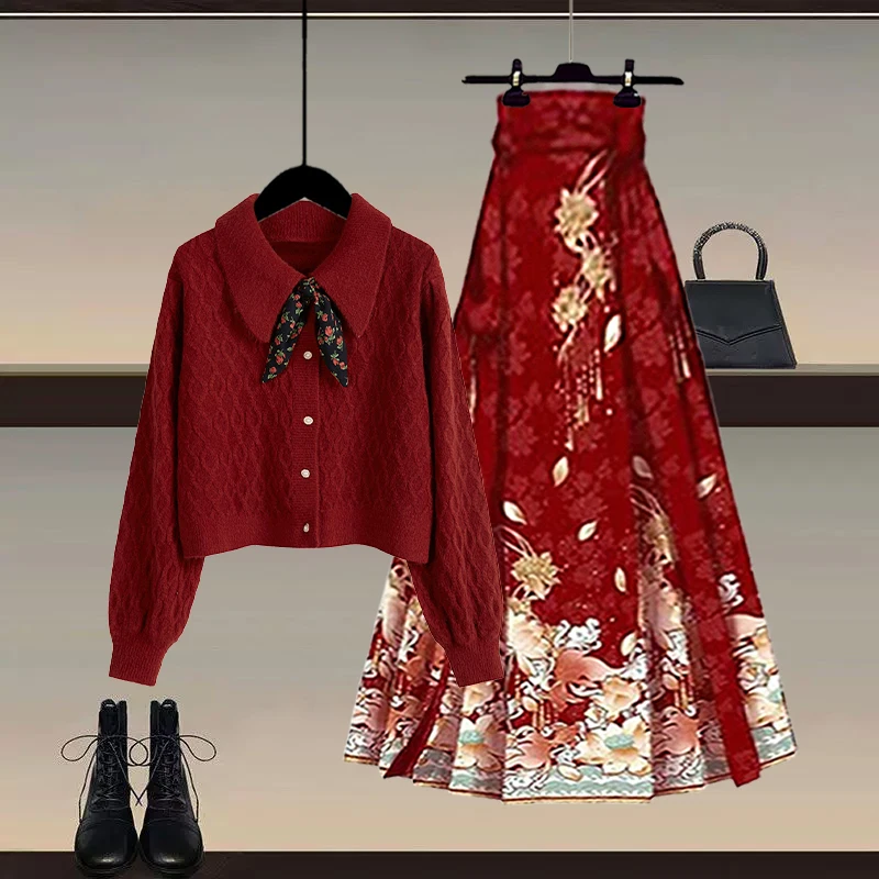 

Красный свитер и юбка Hanfu для женщин, Новый год, ранняя весна, новый женский комплект Sle National Aosphere Feeling, Hanfu