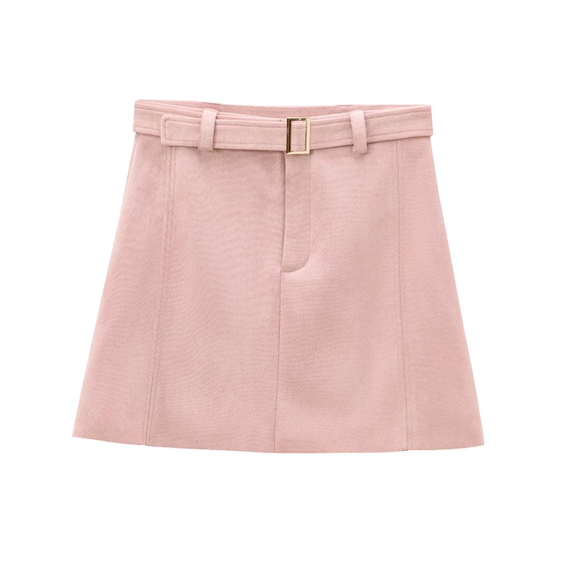 YENKYE Elegant Women With Belt Faux Suede Mini Skirt Female Office Wear High Waist A-line Skirts faldas mujer