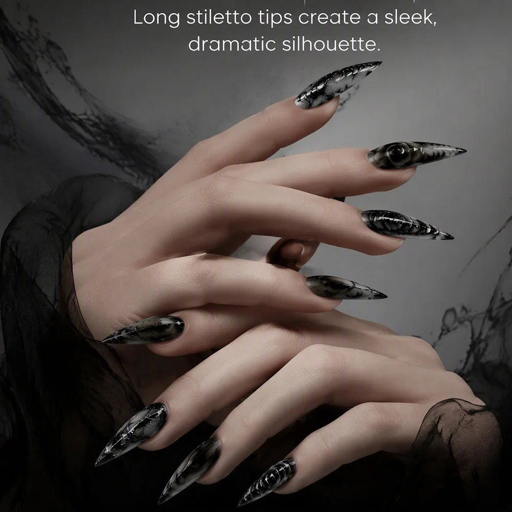 Stiletto Gothic Press On Nails 30Pcs Glossy Acrylic Fake Nails with 3D Embossed Devil Eye Pattern Punk False Nails for Halloween image 4