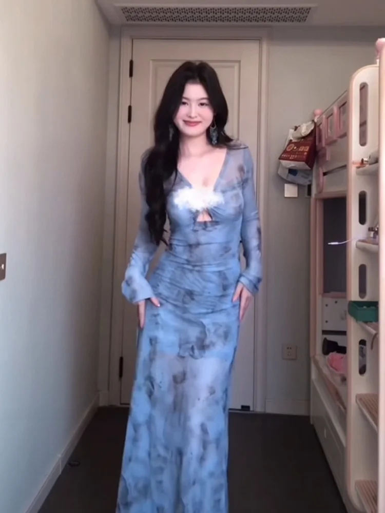 

XZY Sexy Print V-ne Dr Women's plus Size Spring Holiday Sle Wrap-around Skirt Korean Sle Slim Fit Long Sve