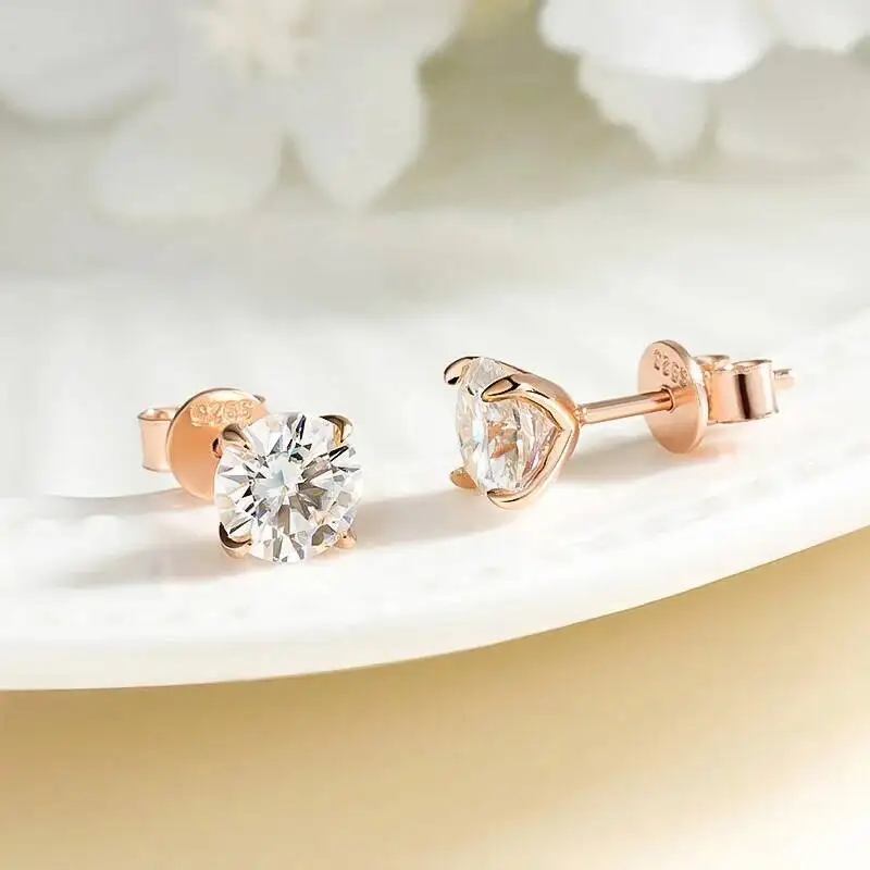 JoiasHome Pure 925 Silver Rose Gold 0.2-3CT Moissanite Stud Earrings Women Sparkling Wedding Fine Jewelry