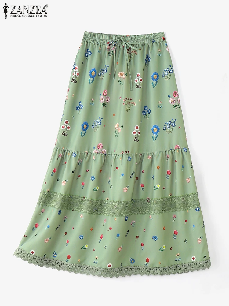 Zanzea moda feminina saias longas 2025 outono rendas babados floral impressão maxi bottoms cintura elástica jupes boêmio faldas saia