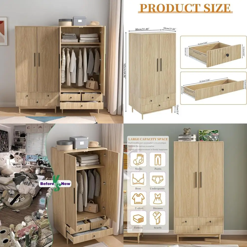 

Деревянный шкаф-гардероб с ящиками, штангой для одежды и 2 дверцами (цвет дерева)