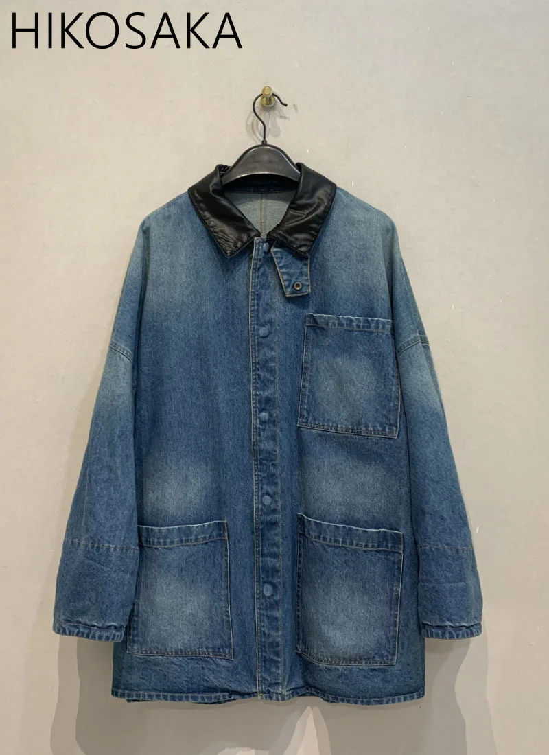 

American Vintage Casual Jackets Women Turn-down Collar Pockets Patchwork Casual Denim Coats Japan Safari Style Loose Outwears