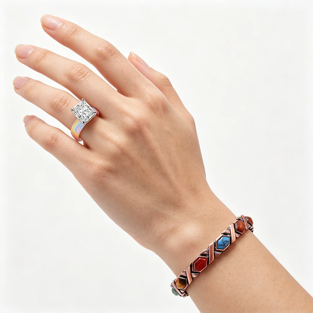 2pc Boho Rainbow Silicone CZ Ring & Copper Healing Crystal Bracelet Set