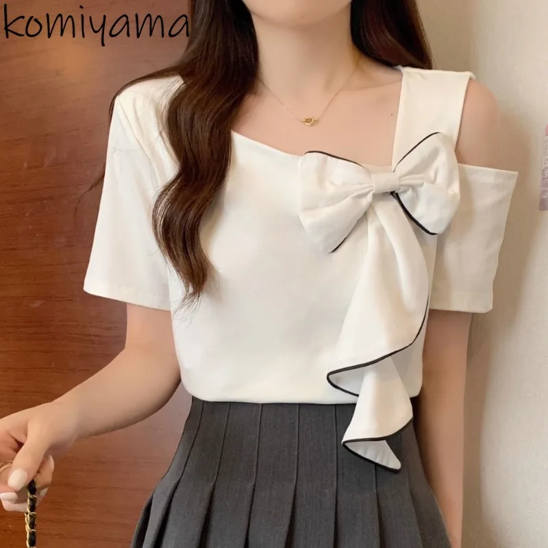 

Off Shoulder Short Sleeve Ropa De Mujer Bandage Bow Woman Clothing Summer 20252 New Clothes Sweet Sexyshirt Korean Camisetas