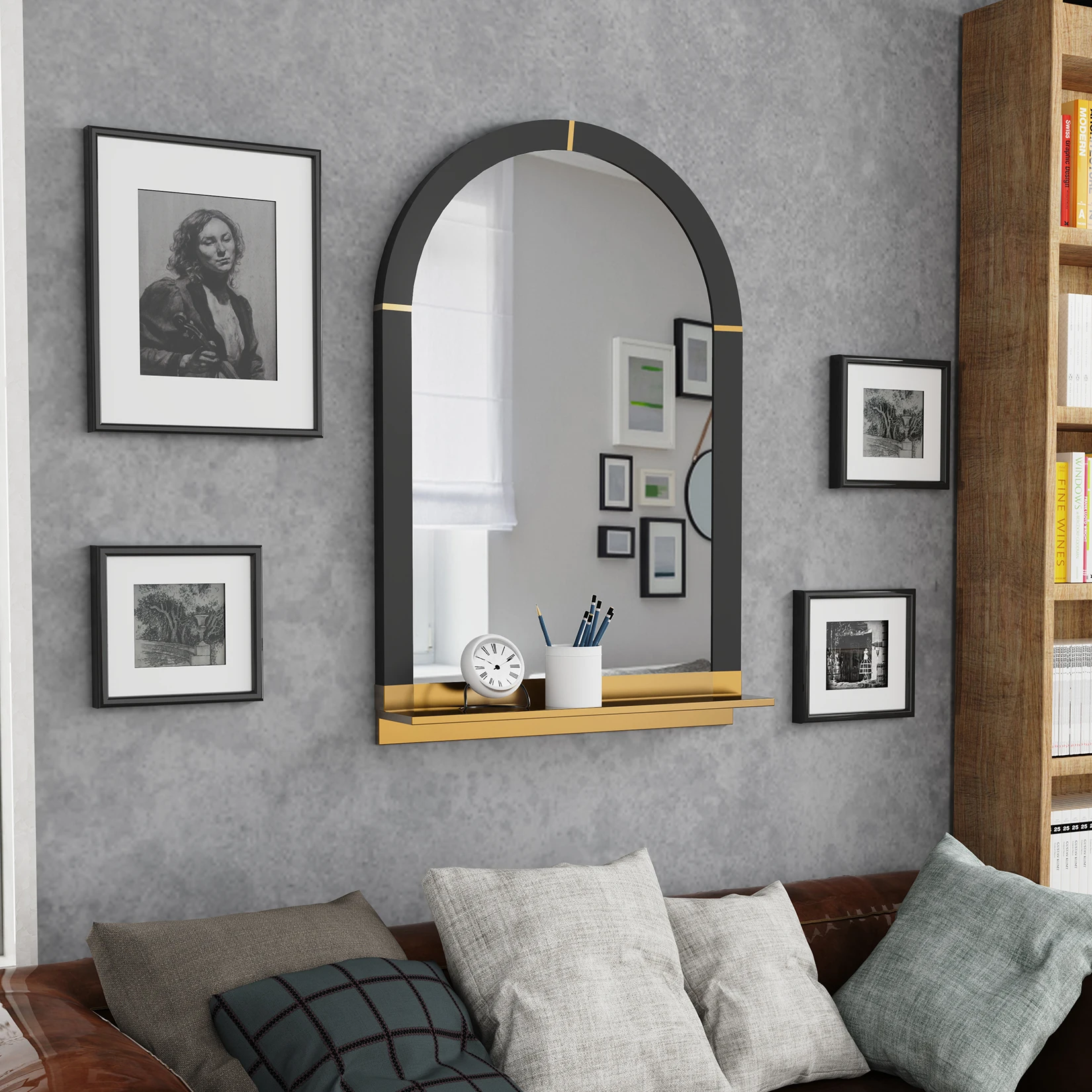 Arched Wall Mirror with Shelf Metal Framed Decorative Mirrors for Wall Decor, Living Room, Bathroom Vanity