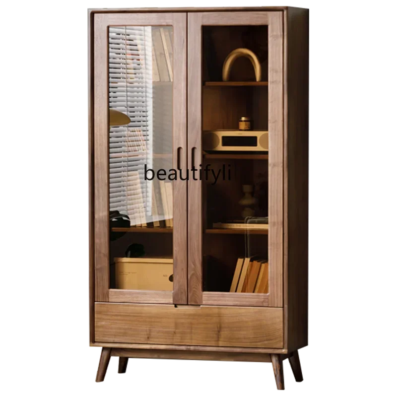 

North America Black Walnut Solid Wood Bookcase Bookshelf Locker with Glass Door Floor Nordic