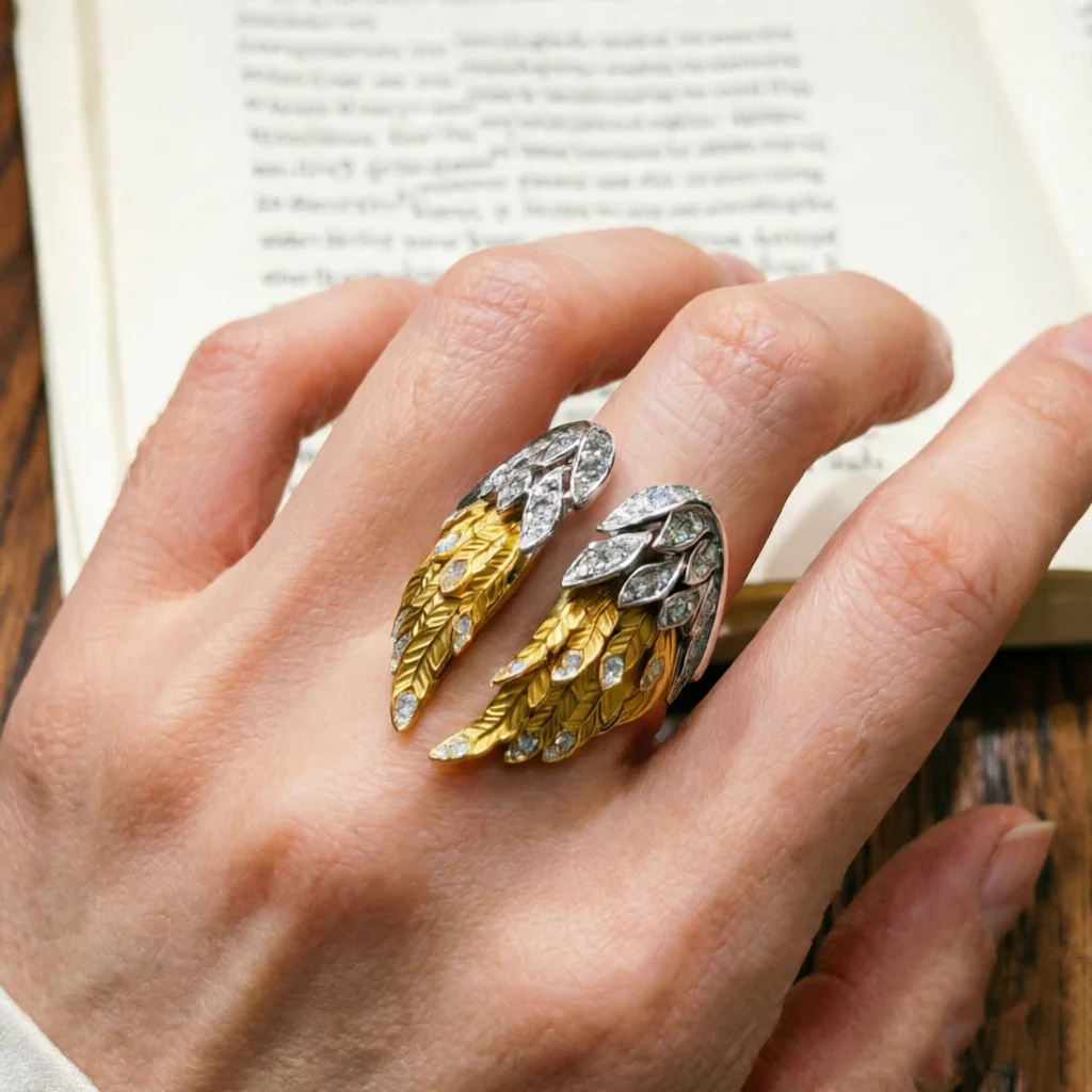 2PcsNew Punk Style Gold Silver Feather Diamond Stacked Ring Unisex Opening Adjustable Niche Design Wing Ring Can Be Folded Rings