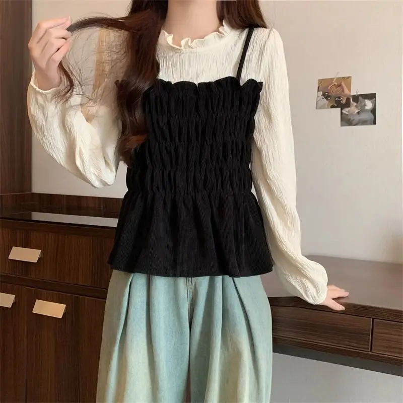 Long Sleeve Fake Two-piece Korean Short Shirt Tops Spring Autumn New Contrast Pleated Fashion Blouse Casual Trend Women Clothing