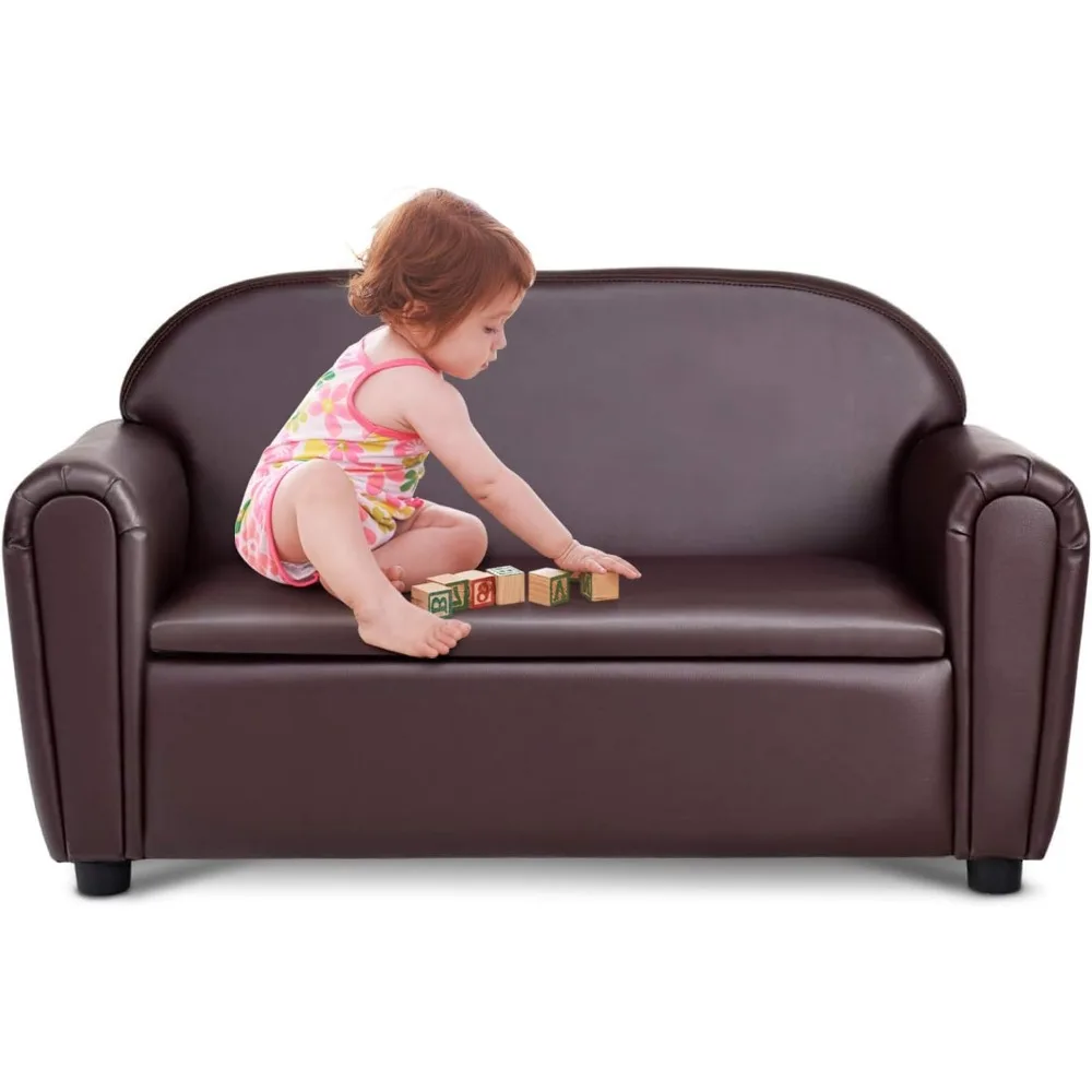 

Kids Couch, 2 in 1 Double Seat Children's Sofa w/Under Seat Storage, PU Leather Surface, Toddler Armrest Chair, Kids Room, Soft