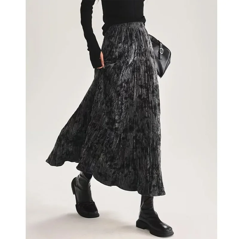 ارتفاع الخصر سميكة المخملية الملمس مطوي مظلة تنورة المرأة المألوف الشتاء نمط جديد نصف طول التنانير #3