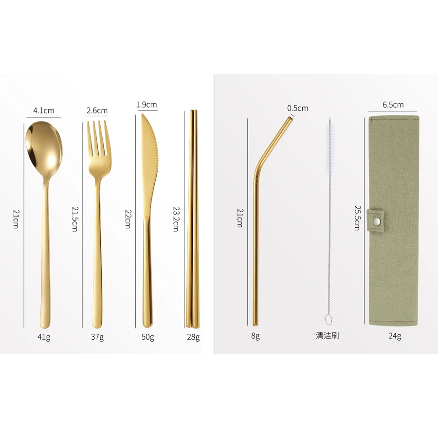 6PCS cutlery set, Korean style 304 stainless steel portable travel cutlery bag, knife, fork, spoon, chopsticks, straw