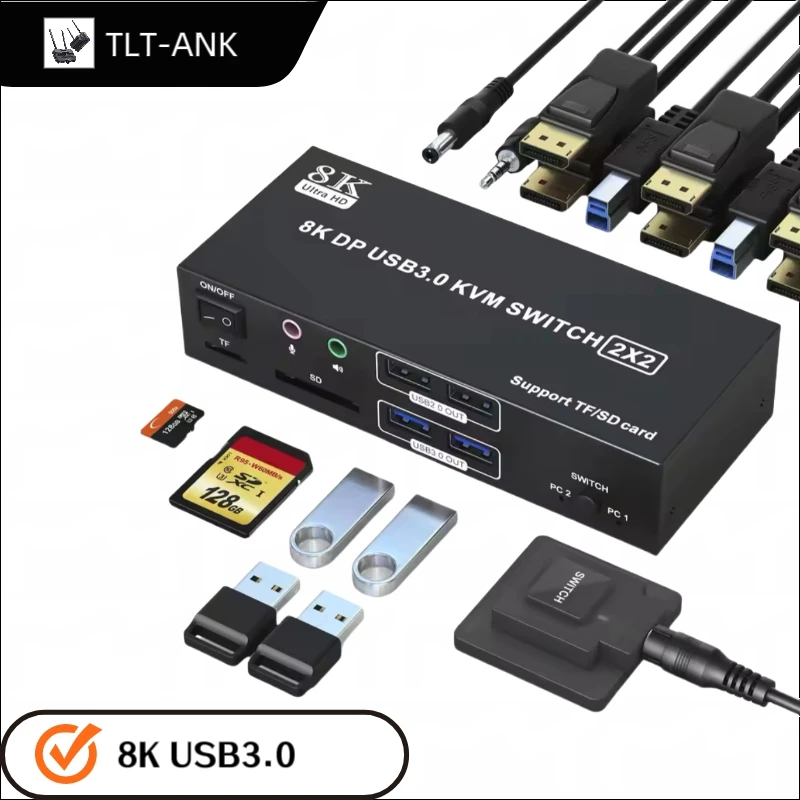8K KVM Switch 2 Monitors 2 Computers DisplayPort USB 3.0 DP KVM Switch with Audio Microphone Output and 4 USB Ports
