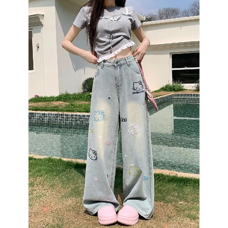 سانريو مرحبا كيتي أنيمي الجينز بنطلون للنساء صيف 2025 جديد الكورية موضة عالية الخصر مستقيم الرجعية عادية الدينيم السراويل