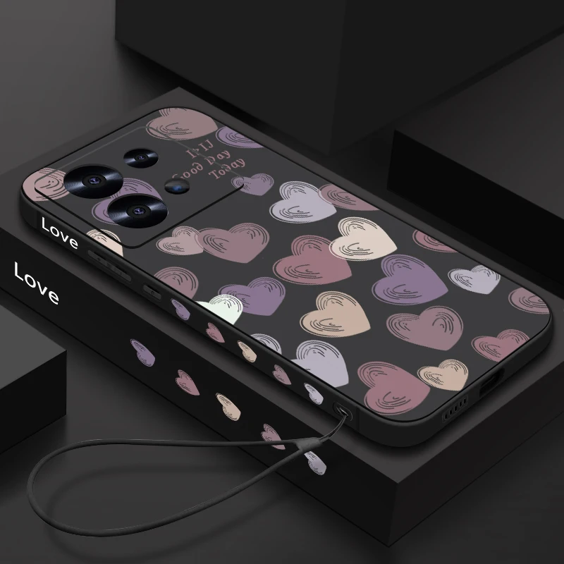 Candy Color Love Hearts Case For Xiaomi Redmi Note 13 14 12 11 10 Pro Poco F6 X6 X5 Mi 11 Lite 5G NE 11T 13T Pro Lanyard Case