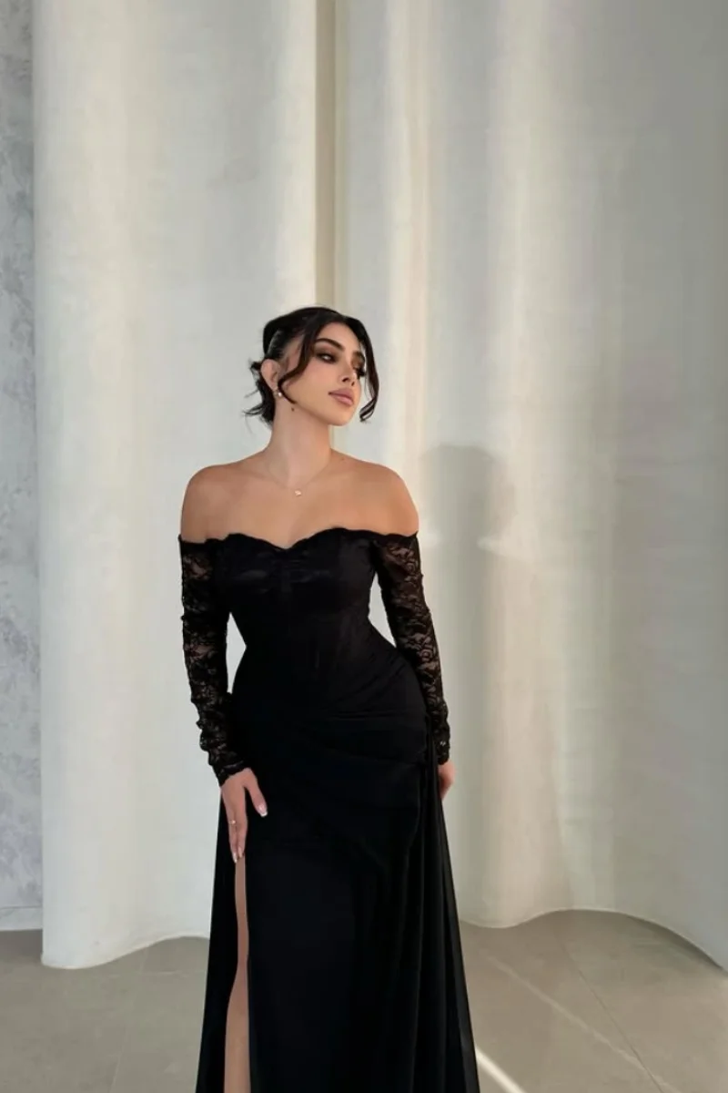 Jessica Spitze Lange Ärmel Abendkleider Schwarze Meerjungfrau Seitenschlitze Ballkleider Off-Shoulder Damen Robes De Soirée Maßgeschneidert