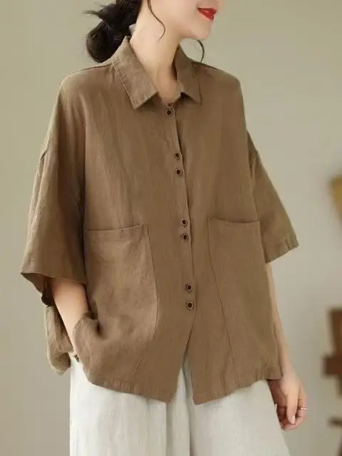 

Retro Cotton Linen ort Sve irt Women Summer New Loose Casual Versatile Large Size irt Korean Sle Commute Wind