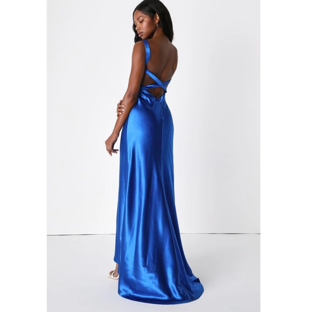 Luxo azul vestidos de festa à noite querida cinta espaguete até o chão sexy sem costas fino ajuste bonito inteligente feminino vestidos de baile