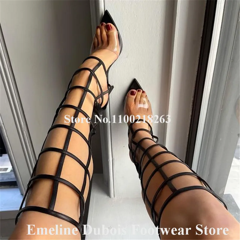 PVC Patchwork Gladiator Boots Emeline Dubois Pointed Open Toe Black Beige Straps Cross Caged Stiletto Heel Knee High Sandal Boot