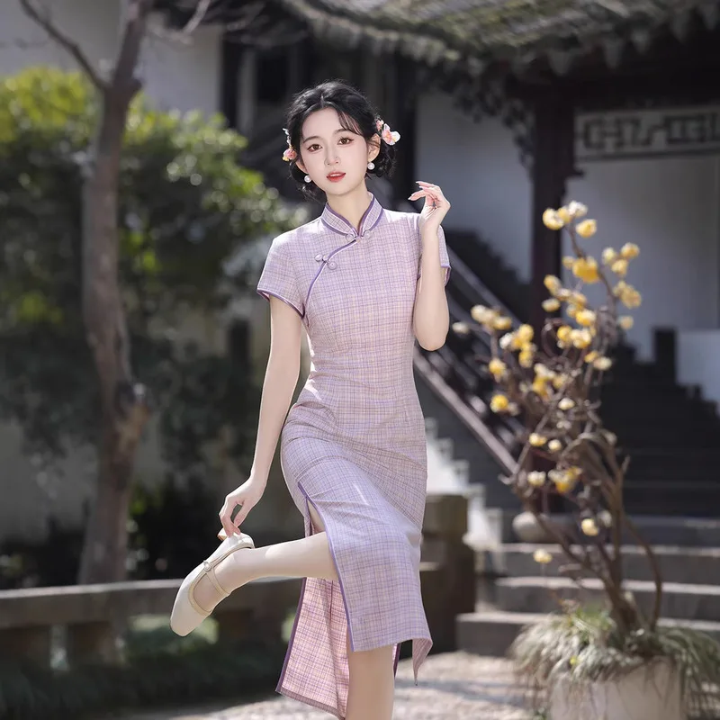 2026 Spring Summer New Qipao Plaid Print Girl Cheongsam Improved Daily Slim Shopping Casual Dress for Women