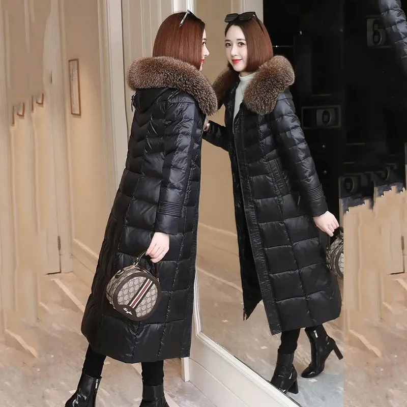 Women's Long White Down  Hooded Fashion Loose Slim Fur Collar Coat Western Style Explosion Winter Warm Coat Female Tide5XL