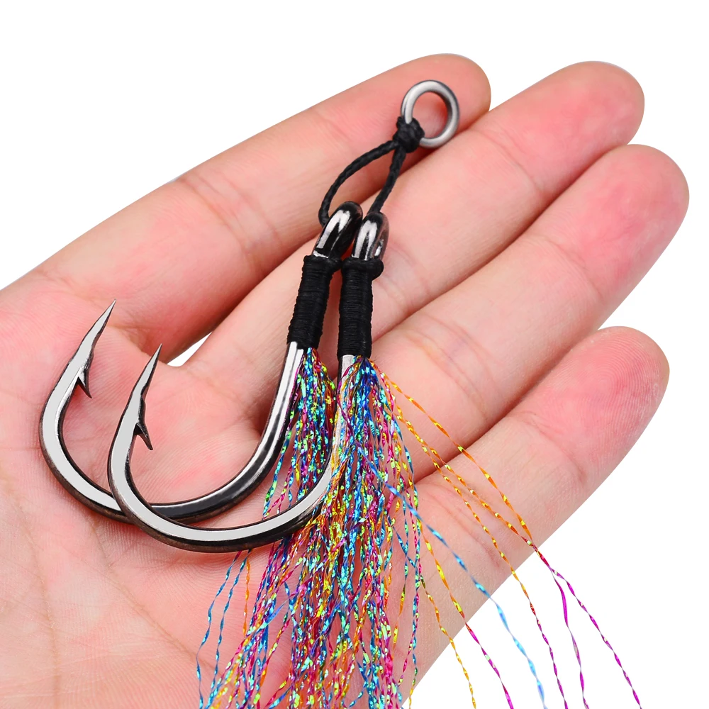 Fishing Hook Slow Jigging Cast Jigs Assist Hook Barbed Single Jig Hooks Thread Feather Pesca High Carbon Steel Fishhook 2colors