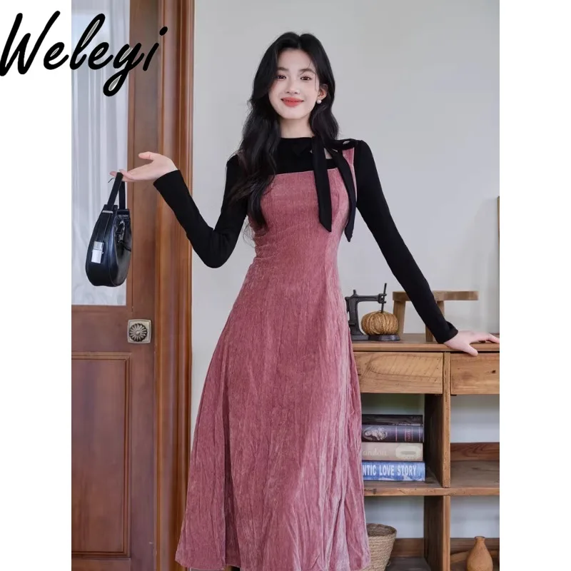 

French Simple Mid-length Strap Dress for Women Elegant Women's Autumn and Winter New Temperament Suspender Dresses Two-piece Set