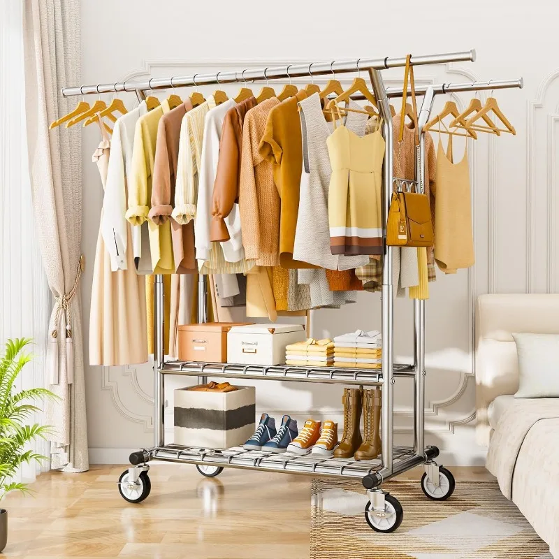 Heavy Duty Clothes Rack, Rolling Clothing Rack With Shelves Load 620 LBS, Double Rod Clothing Racks for Hanging Clothes