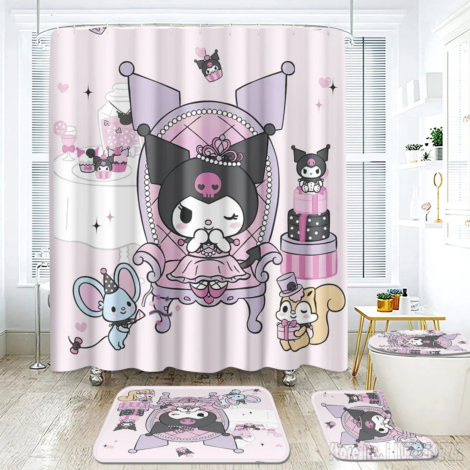 Sanrio Kuromi Anime Bath Shower Curtain Set 4pcs with Hooks Cartoon Decor Waterproof Bathroom Toilet Mat Lid