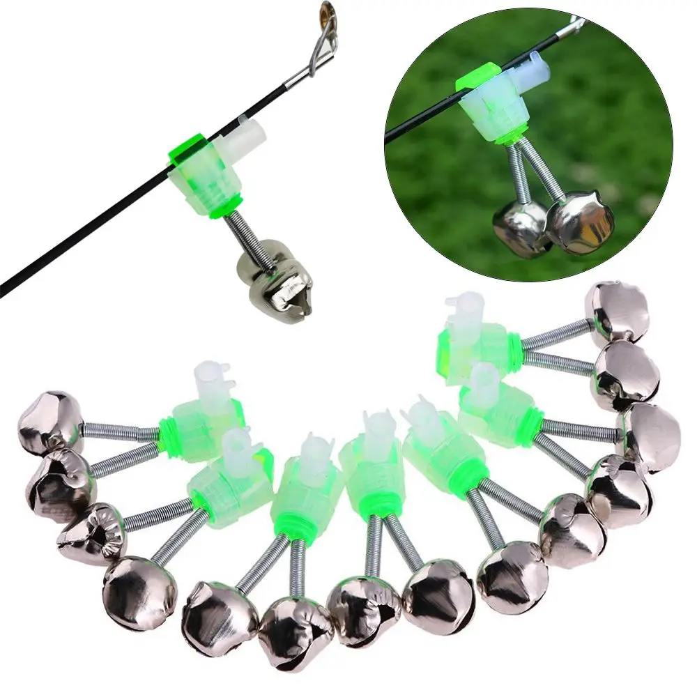 10PCS Green Bite Lure Tips Sea Fishing Twin Bell Rings Rod Clamp Fishing Bite Alarms Fishing Rod Bell