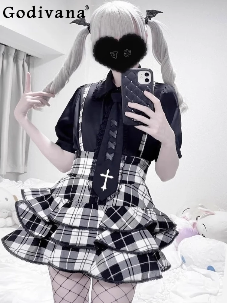 

Japanese Mass- Produced Mine Lolita Strap Skirt Summer New Girls Women's Gothic Sweet Cool Plaid Short Y2k Skirts Shirt Tops