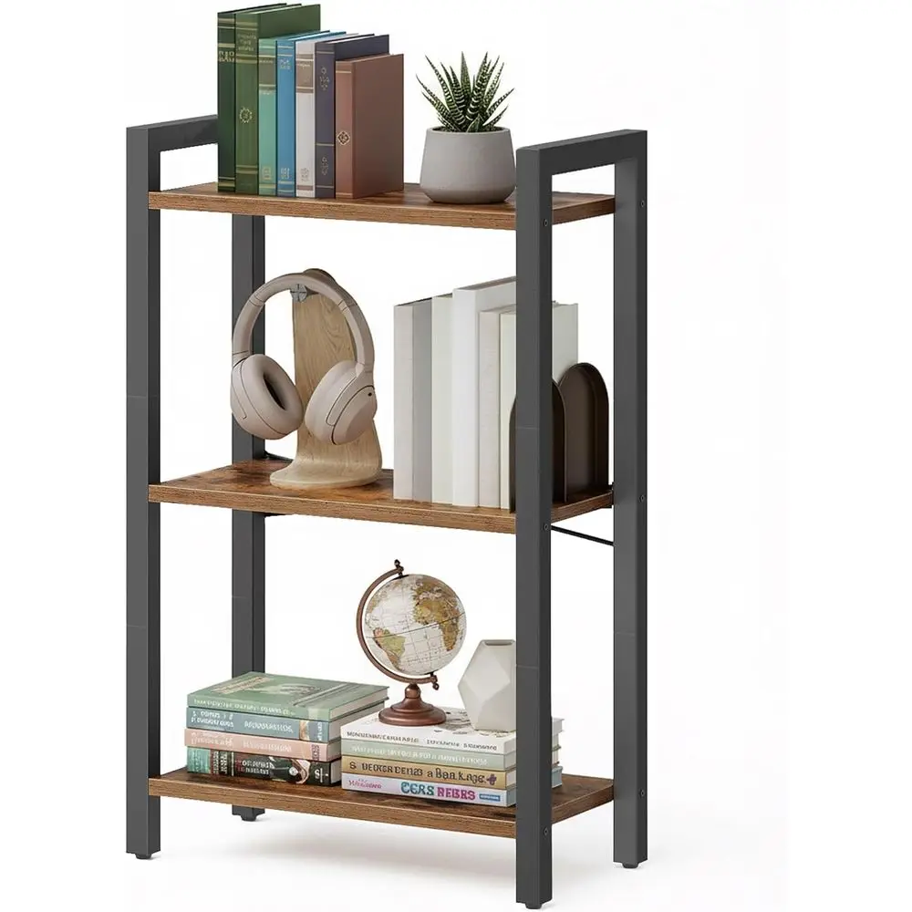 

3-х уровневая книжная полка со стальным каркасом в индустриальном стиле, коричневый и чернильный цвет, для гостиной, домашнего офиса, кабинета - 9,4 x 15,7 x 30