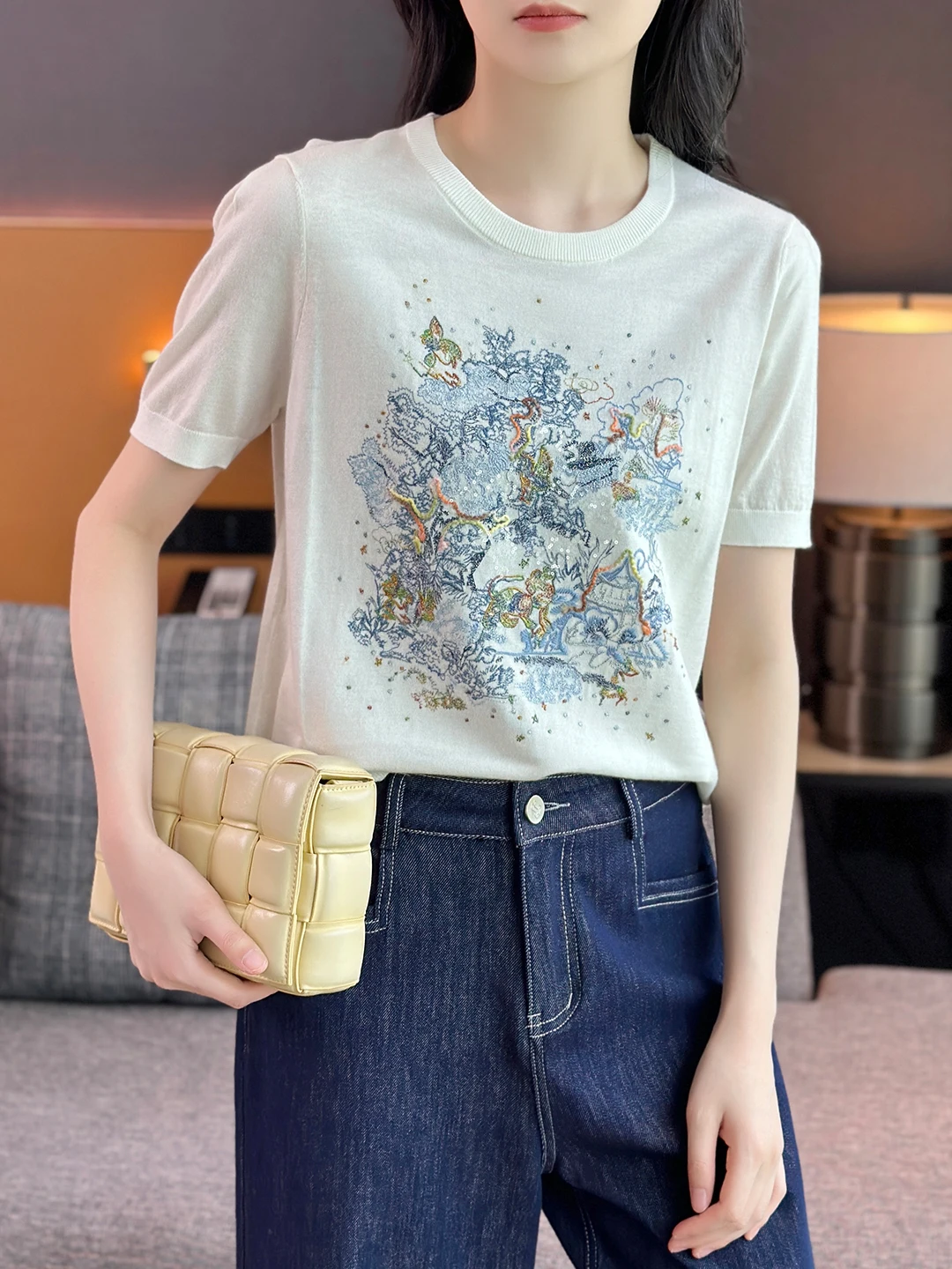 

Wool Blend Knitted ort Sve round Ne T-irt Women's Soft Cotton Silk Embroidered iny Sequins Casual Top