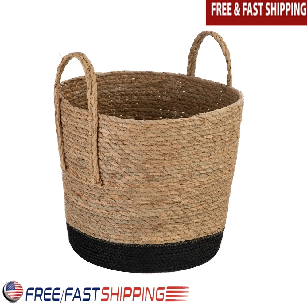 

Handcrafted Round Rush Baskets Set of 2 Storage Bins Organizers Decorative Planters Easy Carrying Home Office Living Room