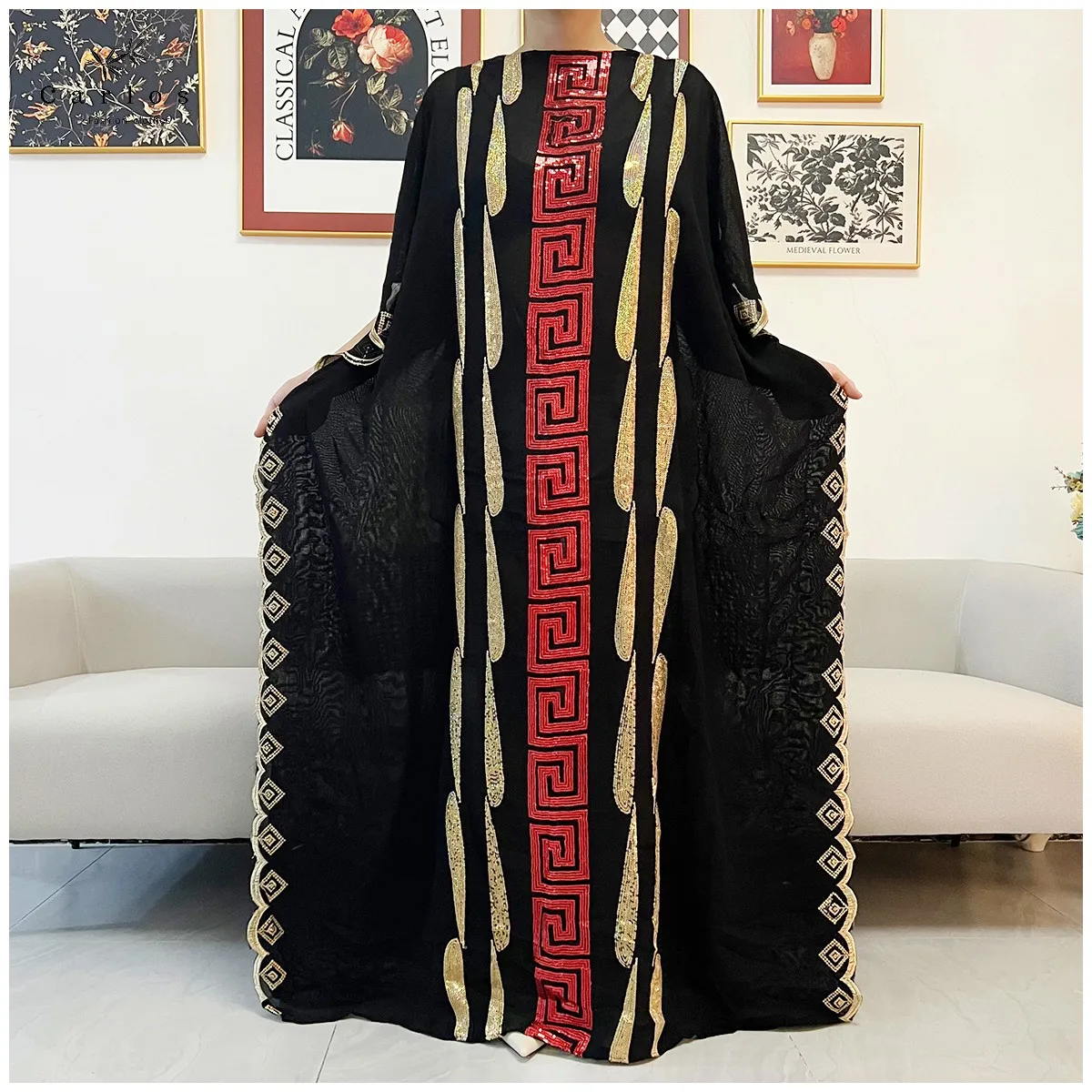 

2024 New Women Muslim Sequin Embroidery Long Black Lady Clothes Fashion New Arrival African Embroidery Flower Dresse With Scarf